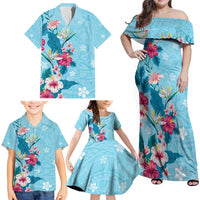 Hawaii Tropical Flowers Family Matching Off Shoulder Maxi Dress and Hawaiian Shirt - Polynesian Tattoo Sky Blue LT05 - Polynesian Pride