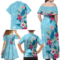 Hawaii Tropical Flowers Family Matching Off Shoulder Maxi Dress and Hawaiian Shirt - Polynesian Tattoo Sky Blue LT05 - Polynesian Pride