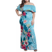 Hawaii Tropical Flowers Family Matching Off Shoulder Maxi Dress and Hawaiian Shirt - Polynesian Tattoo Sky Blue LT05 Mom's Dress Blue - Polynesian Pride