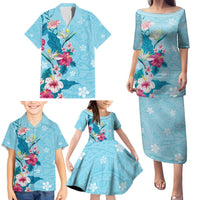 Hawaii Tropical Flowers Family Matching Puletasi and Hawaiian Shirt Polynesian Tattoo Sky Blue LT05 - Polynesian Pride