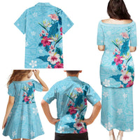 Hawaii Tropical Flowers Family Matching Puletasi and Hawaiian Shirt Polynesian Tattoo Sky Blue LT05 - Polynesian Pride