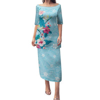 Hawaii Tropical Flowers Family Matching Puletasi and Hawaiian Shirt Polynesian Tattoo Sky Blue LT05 Mom's Dress Blue - Polynesian Pride