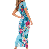 Hawaii Tropical Flowers Family Matching Short Sleeve Bodycon Dress and Hawaiian Shirt Polynesian Tattoo Sky Blue LT05 - Polynesian Pride