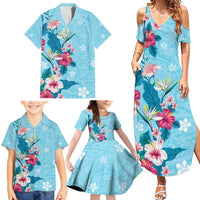 Hawaii Tropical Flowers Family Matching Summer Maxi Dress and Hawaiian Shirt - Polynesian Tattoo Sky Blue LT05 - Polynesian Pride
