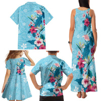 Hawaii Tropical Flowers Family Matching Tank Maxi Dress and Hawaiian Shirt - Polynesian Tattoo Sky Blue LT05 - Polynesian Pride