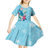 Hawaii Tropical Flowers Kid Short Sleeve Dress Polynesian Tattoo Sky Blue