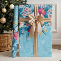 Hawaii Tropical Flowers Wrapping Paper Polynesian Tattoo Sky Blue - Polynesian Pride