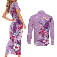 Hawaii Tropical Flowers Couples Matching Short Sleeve Bodycon Dress and Long Sleeve Button Shirt Polynesian Tattoo Lavender