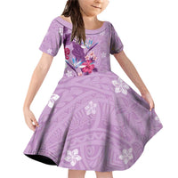 Hawaii Tropical Flowers Family Matching Off Shoulder Short Dress and Hawaiian Shirt Polynesian Tattoo Lavender LT05 Daughter's Dress Lavender - Polynesian Pride