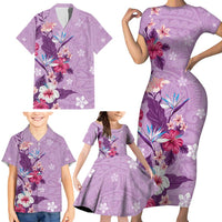Hawaii Tropical Flowers Family Matching Short Sleeve Bodycon Dress and Hawaiian Shirt Polynesian Tattoo Lavender LT05 - Polynesian Pride