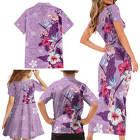 Hawaii Tropical Flowers Family Matching Short Sleeve Bodycon Dress and Hawaiian Shirt Polynesian Tattoo Lavender LT05 - Polynesian Pride