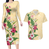 Hawaii Tropical Flowers Couples Matching Long Sleeve Bodycon Dress and Hawaiian Shirt Polynesian Tattoo Buttermilk LT05 Beige - Polynesian Pride
