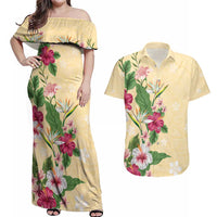 Hawaii Tropical Flowers Couples Matching Off Shoulder Maxi Dress and Hawaiian Shirt Polynesian Tattoo Buttermilk LT05 Beige - Polynesian Pride