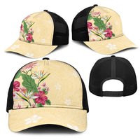 Hawaii Tropical Flowers Mesh Trucker Cap Polynesian Tattoo Buttermilk