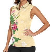 Hawaii Tropical Flowers Women Sleeveless Polo Shirt Polynesian Tattoo Buttermilk LT05 - Polynesian Pride