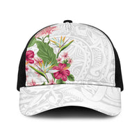 Hawaii Tropical Flowers Baseball Net Cap Polynesian Tattoo White