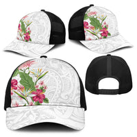 Hawaii Tropical Flowers Baseball Net Cap Polynesian Tattoo White
