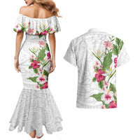 Hawaii Tropical Flowers Couples Matching Mermaid Dress and Hawaiian Shirt Polynesian Tattoo White LT05 - Polynesian Pride