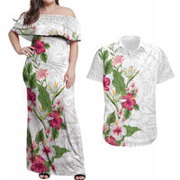 Hawaii Tropical Flowers Couples Matching Off Shoulder Maxi Dress and Hawaiian Shirt - Polynesian Tattoo White LT05 White - Polynesian Pride
