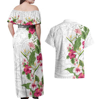 Hawaii Tropical Flowers Couples Matching Off Shoulder Maxi Dress and Hawaiian Shirt - Polynesian Tattoo White LT05 - Polynesian Pride