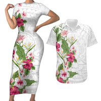 Hawaii Tropical Flowers Couples Matching Short Sleeve Bodycon Dress and Hawaiian Shirt Polynesian Tattoo White LT05 White - Polynesian Pride