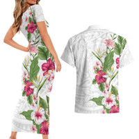 Hawaii Tropical Flowers Couples Matching Short Sleeve Bodycon Dress and Hawaiian Shirt Polynesian Tattoo White LT05 - Polynesian Pride