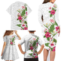 Hawaii Tropical Flowers Family Matching Long Sleeve Bodycon Dress and Hawaiian Shirt Polynesian Tattoo White LT05 - Polynesian Pride