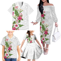 Hawaii Tropical Flowers Family Matching Off The Shoulder Long Sleeve Dress and Hawaiian Shirt Polynesian Tattoo White LT05 - Polynesian Pride