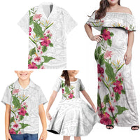 Hawaii Tropical Flowers Family Matching Off Shoulder Maxi Dress and Hawaiian Shirt - Polynesian Tattoo White LT05 - Polynesian Pride