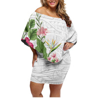Hawaii Tropical Flowers Family Matching Off Shoulder Short Dress and Hawaiian Shirt Polynesian Tattoo White LT05 Mom's Dress White - Polynesian Pride