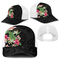 Hawaii Tropical Flowers Baseball Net Cap Polynesian Tattoo Black