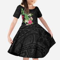 Hawaii Tropical Flowers Family Matching Long Sleeve Bodycon Dress and Hawaiian Shirt Polynesian Tattoo Black LT05 Daughter's Dress Black - Polynesian Pride