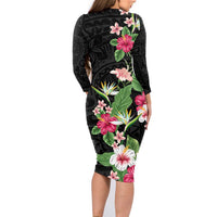 Hawaii Tropical Flowers Family Matching Long Sleeve Bodycon Dress and Hawaiian Shirt Polynesian Tattoo Black LT05 - Polynesian Pride