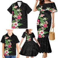 Hawaii Tropical Flowers Family Matching Mermaid Dress and Hawaiian Shirt Polynesian Tattoo Black LT05 - Polynesian Pride
