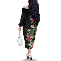 Hawaii Tropical Flowers Family Matching Off The Shoulder Long Sleeve Dress and Hawaiian Shirt Polynesian Tattoo Black LT05 - Polynesian Pride