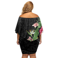 Hawaii Tropical Flowers Family Matching Off Shoulder Short Dress and Hawaiian Shirt Polynesian Tattoo Black LT05 - Polynesian Pride