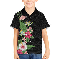 Hawaii Tropical Flowers Family Matching Off Shoulder Short Dress and Hawaiian Shirt Polynesian Tattoo Black LT05 Son's Shirt Black - Polynesian Pride
