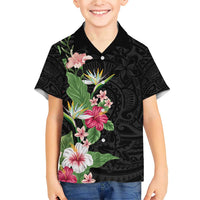 Hawaii Tropical Flowers Family Matching Short Sleeve Bodycon Dress and Hawaiian Shirt Polynesian Tattoo Black LT05 Son's Shirt Black - Polynesian Pride