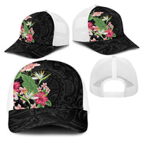 Hawaii Tropical Flowers Mesh Trucker Cap Polynesian Tattoo Black