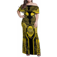 Niue The Rock Family Matching Off Shoulder Maxi Dress and Hawaiian Shirt The Island Of The Uga LT05 Mom's Dress Black - Polynesian Pride