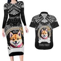 Personalized Shiba Inu Dog Couples Matching Long Sleeve Bodycon Dress and Hawaiian Shirt With Polynesian Heart Name Tags LT05 Black - Polynesian Pride