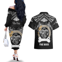 Personalized Shiba Inu Dog Couples Matching Off The Shoulder Long Sleeve Dress and Hawaiian Shirt With Polynesian Heart Name Tags LT05 - Polynesian Pride