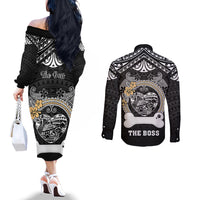 Personalized Shiba Inu Dog Couples Matching Off The Shoulder Long Sleeve Dress and Long Sleeve Button Shirts With Polynesian Heart Name Tags LT05 - Polynesian Pride