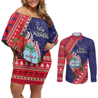 Guam Christmas Couples Matching Off Shoulder Short Dress and Long Sleeve Button Shirt Felis Nabidat Guaman Seal With Poinsettia LT05 Blue - Polynesian Pride