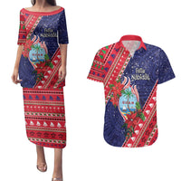 Guam Christmas Couples Matching Puletasi and Hawaiian Shirt Felis Nabidat Guaman Seal With Poinsettia LT05 Blue - Polynesian Pride