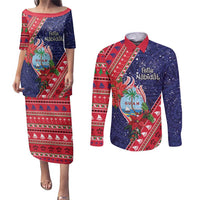 Guam Christmas Couples Matching Puletasi and Long Sleeve Button Shirt Felis Nabidat Guaman Seal With Poinsettia LT05 Blue - Polynesian Pride