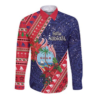 Guam Christmas Long Sleeve Button Shirt Felis Nabidat Guaman Seal With Poinsettia LT05 Unisex Blue - Polynesian Pride