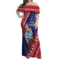 Guam Christmas Off Shoulder Maxi Dress Felis Nabidat Guaman Seal With Poinsettia LT05 Women Blue - Polynesian Pride