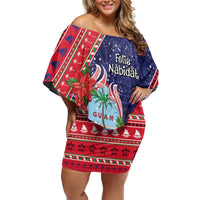 Guam Christmas Off Shoulder Short Dress Felis Nabidat Guaman Seal With Poinsettia LT05 Women Blue - Polynesian Pride