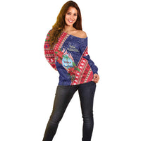 Guam Christmas Off Shoulder Sweater Felis Nabidat Guaman Seal With Poinsettia LT05 - Polynesian Pride